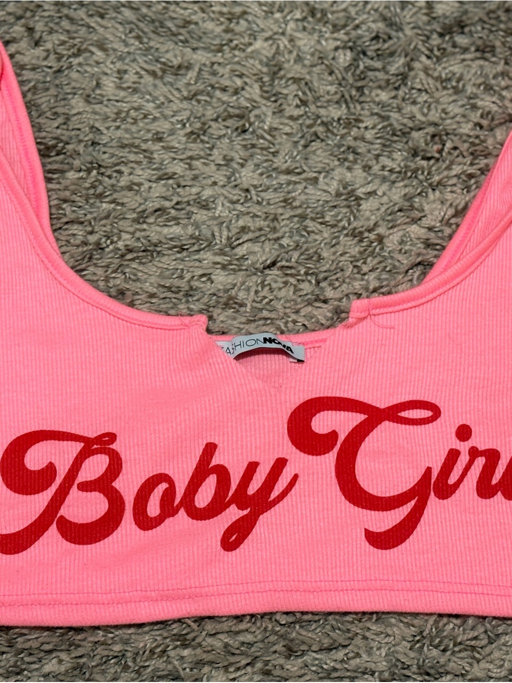Fashion Nova Pink & Red 'Baby Girl' Ribbed Bandeau Bralette